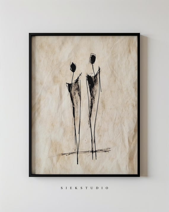 Minimal Abstract Line Art of Two Figures, Wabi Sabi