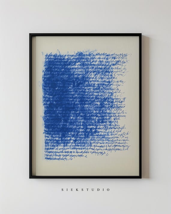 Abstract Calligraphy Wall Art Blue Ink Textured Minimalist Pen Scribble Modern Decor Artistic For Home Or Office