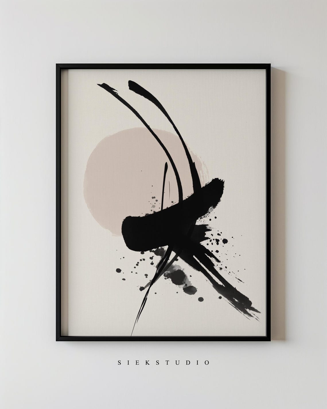 Minimalist Black Brushstroke Abstract Beige Circle Modern Art Poster