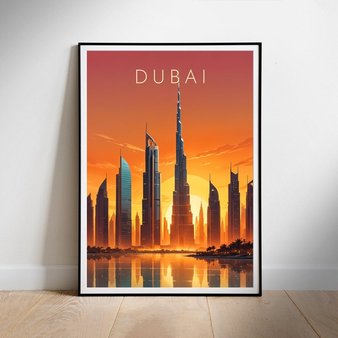 Dubai Sunset Skyline Burj Khalifa Retro Illustration Travel Poster