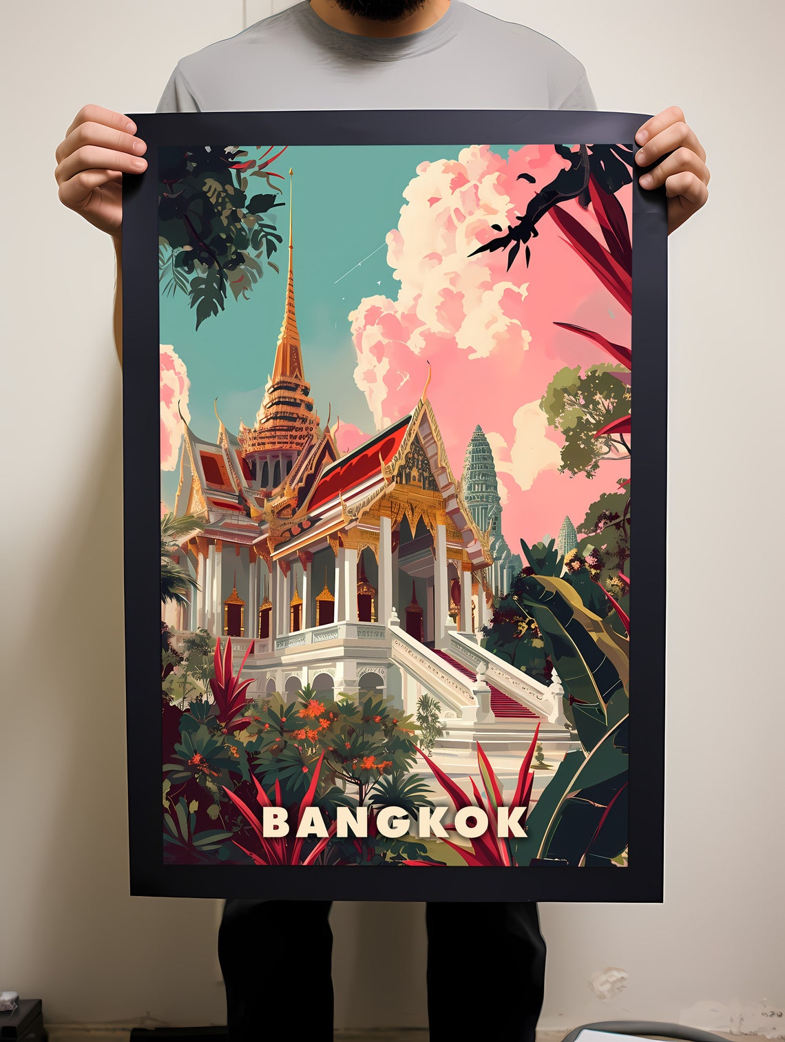 Bangkok Golden Thai Temple Illustration Pink Sky Travel Poster