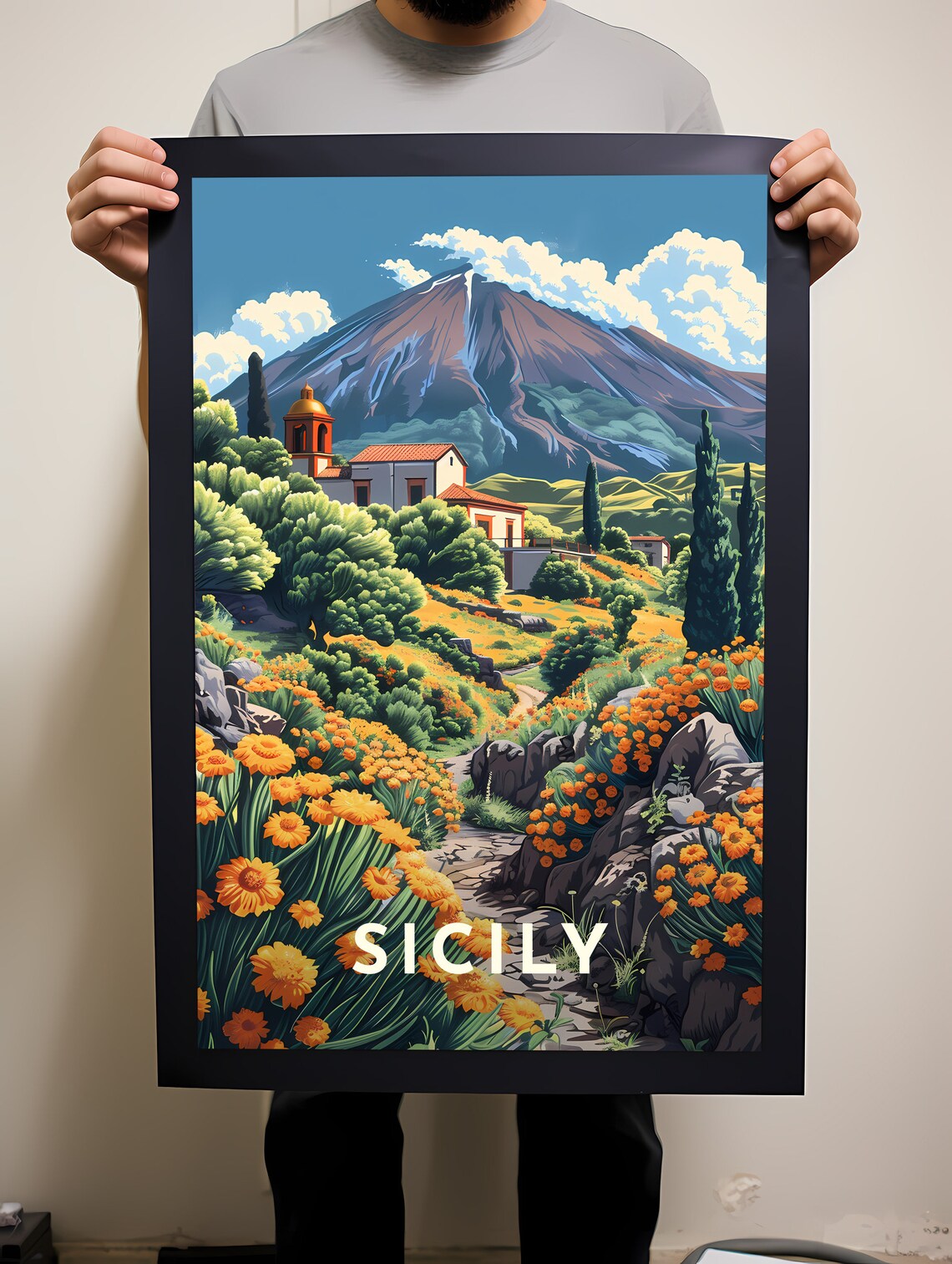 Sicily Mount Etna Church Wildflowers Countryside Italy Travel Poster