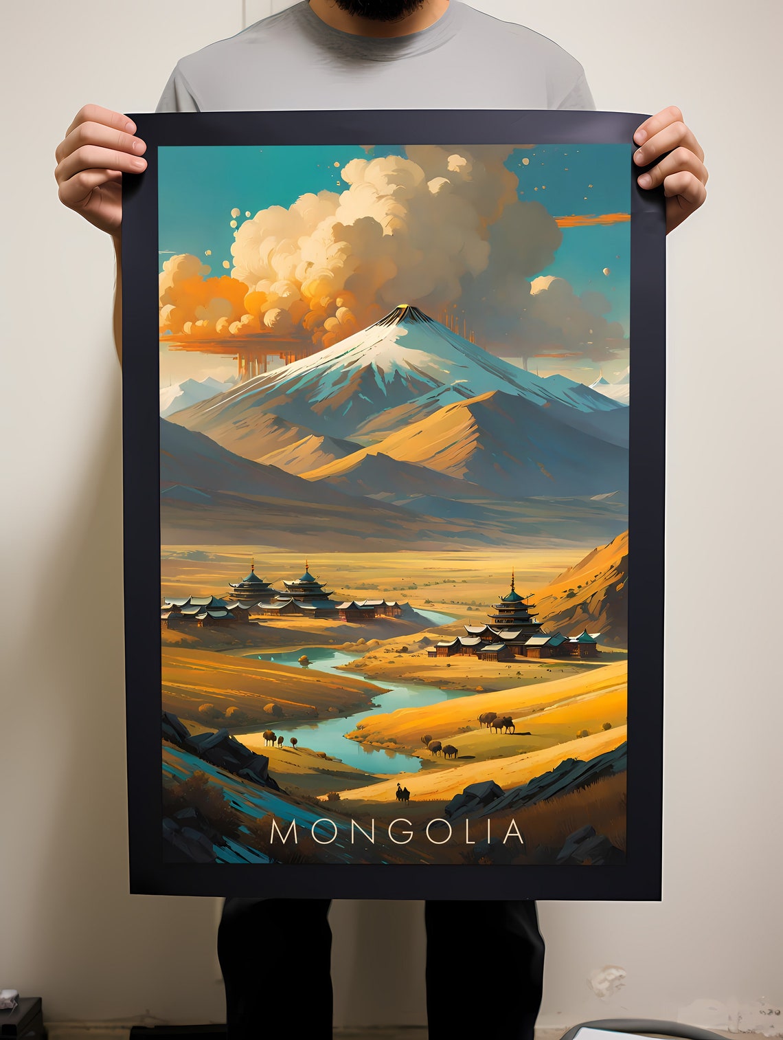 Mongolia Snow Peak Monastery Golden Steppe Landscape Travel Poster