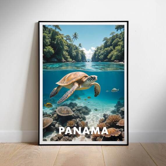 Panama Sea Turtle Over Coral Reef Tropical Bay Color Art Print