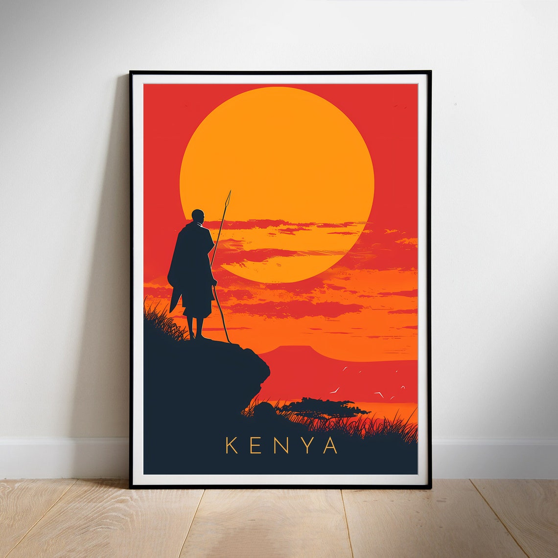 Kenya Africa Maasai Warrior Giant Sunset Silhouette Travel Poster - Image 2