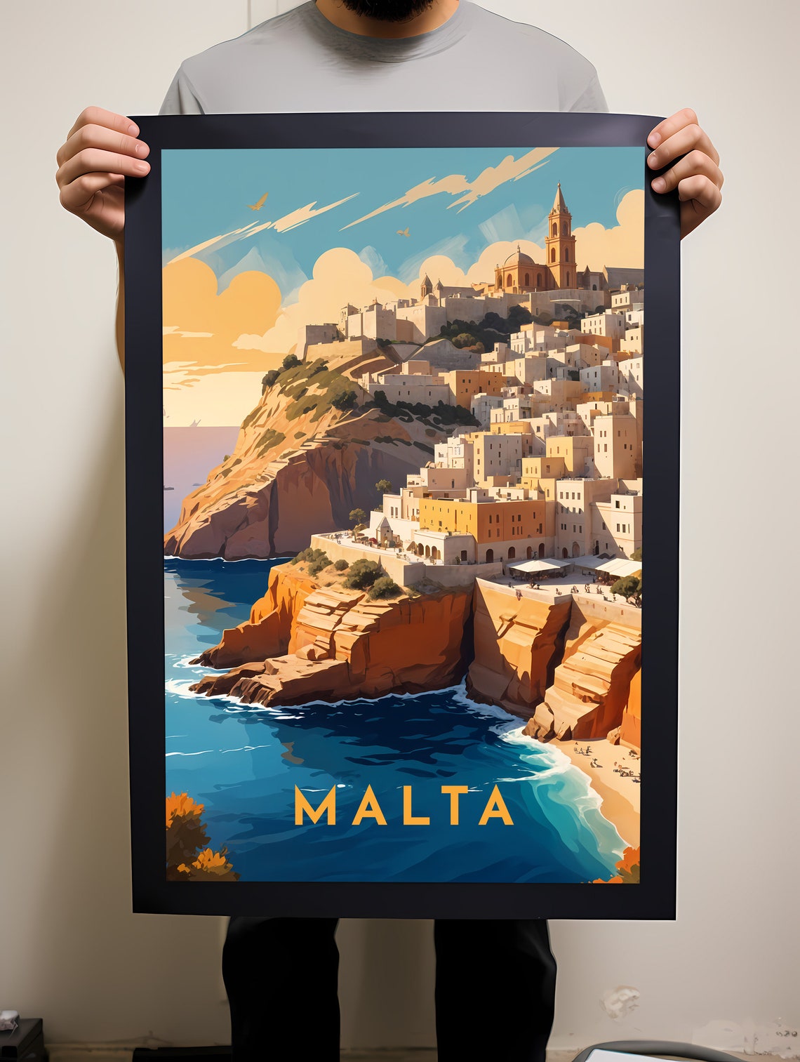 Malta Mediterranean Cliffside Town Coastal Vintage Travel Poster