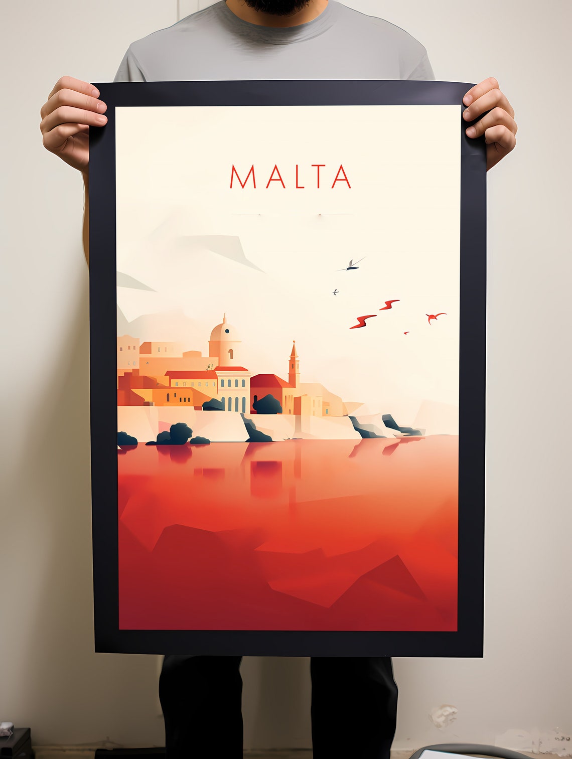 Malta Geometric Waterfront Red Minimalist Mediterranean Art Poster
