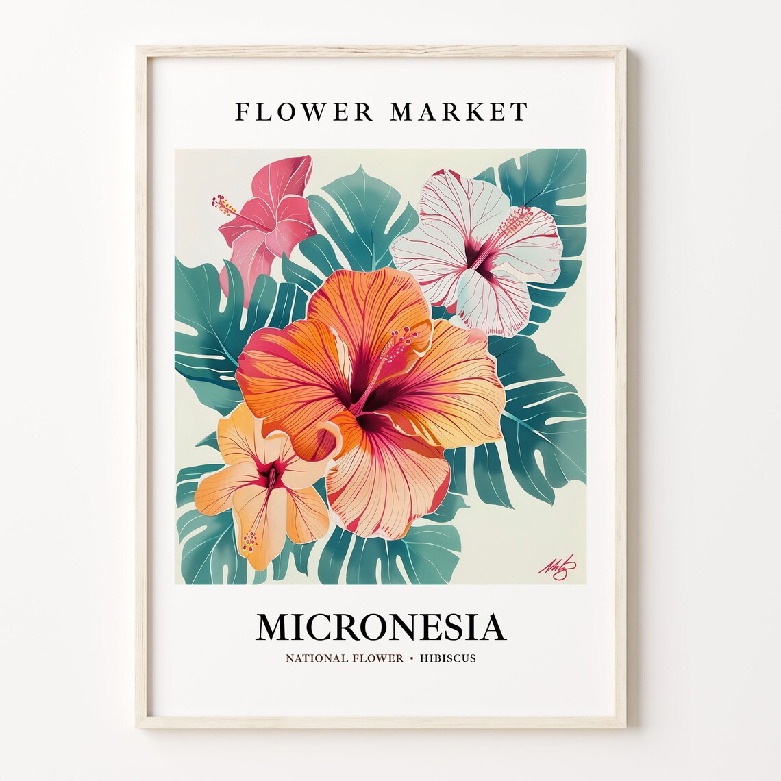 Micronesia Hibiscus Tropical Flower Market Watercolor Botanical Poster