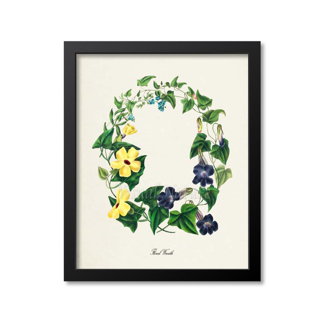Elegant Floral Wreath Yellow Purple Morning Glory Vintage Poster