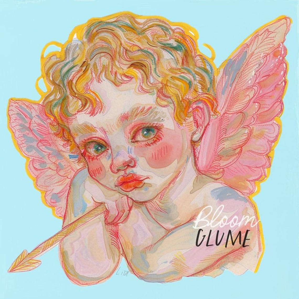 Cupid With Pink Wings Golden Curls Blue Background Art Print - Image 3