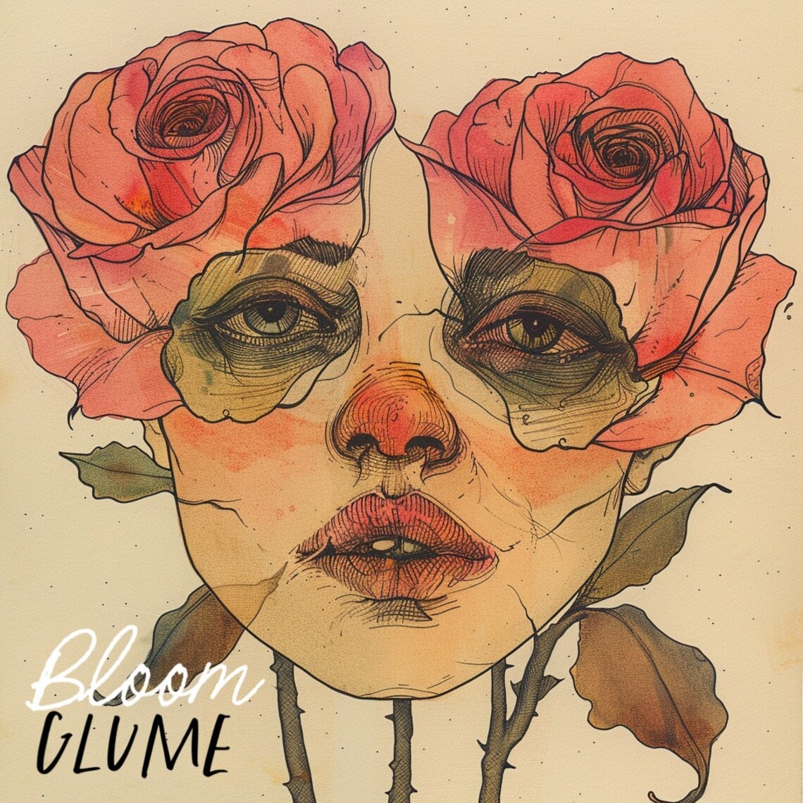 In Bloom Two Pink Roses Flower Face Surreal Botanical Art Print