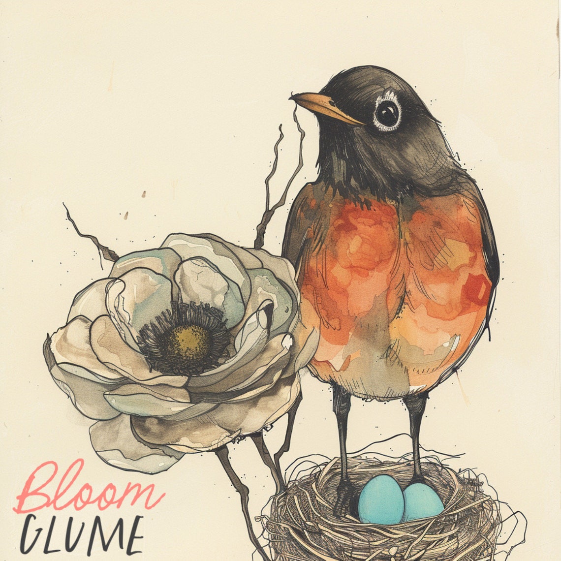 American Robin With Nest Blue Eggs Watercolor Bird Art Print