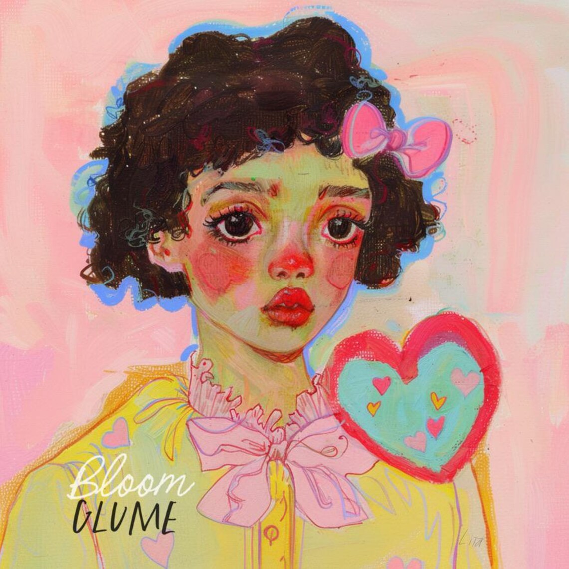 Cute Curly Girl Pink Bow Layered Heart Retro Valentine Art Print - Image 2