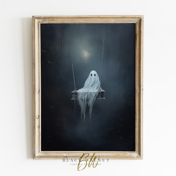 Ghost On Swing Wall Art Print Cute Halloween Vintage Style Painting Moody Spooky Ghost Art Print Cottagecore Decor