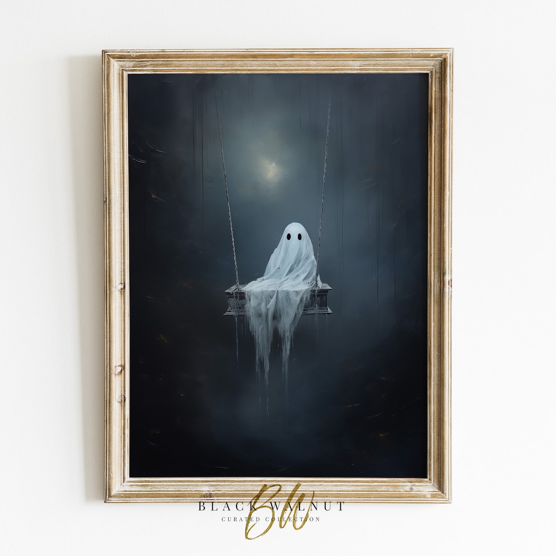 Ghost on Swing Moonlit Dark Woods Misty Night Spooky Vintage Wall Art Poster