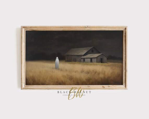 Lonely Ghost In Golden Field By Old Barn At Night Halloween Poster
