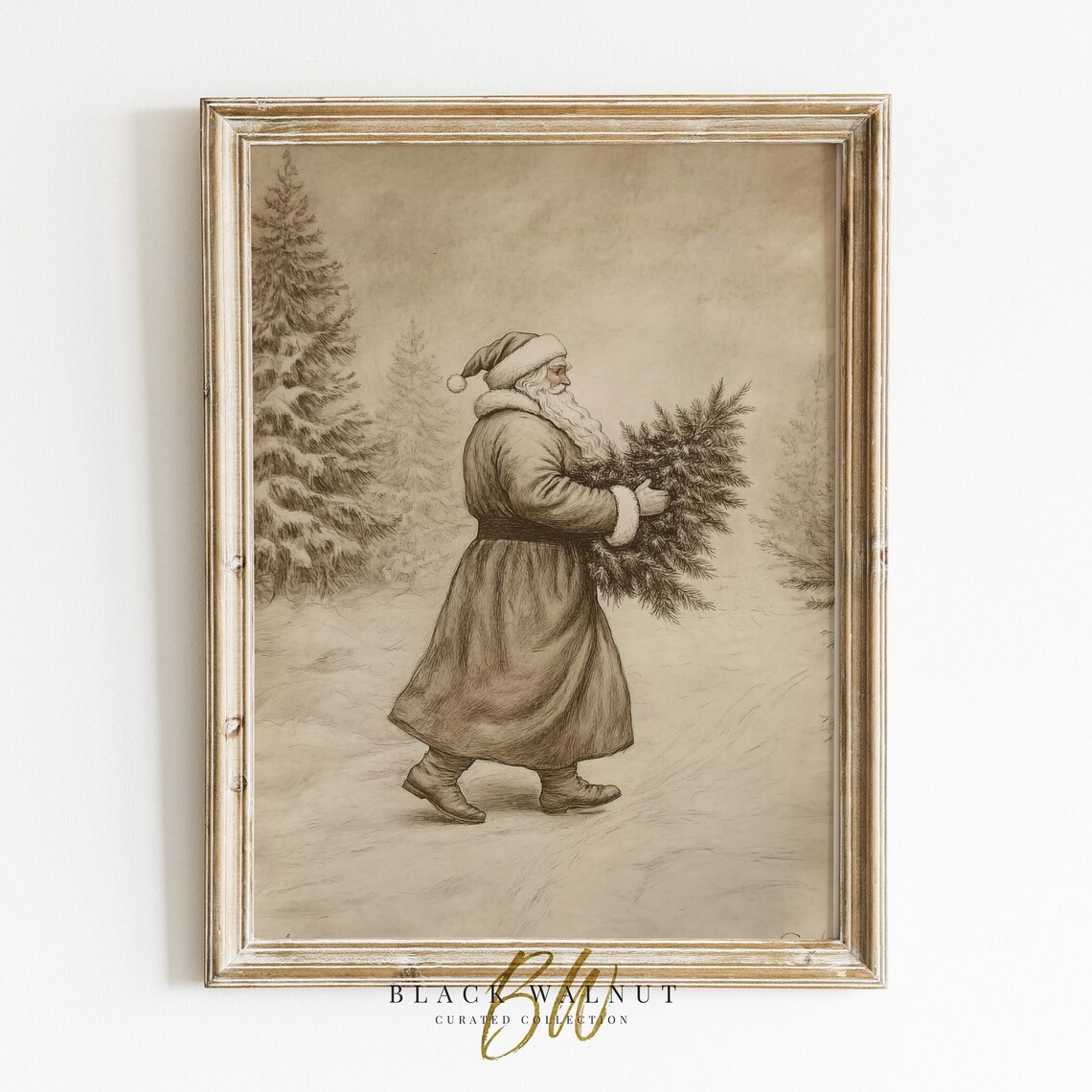 Vintage Santa Print, Minimalist Holiday Drawing