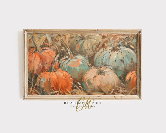 Colorful Painterly Pumpkins Field Orange Teal Cream Fall Harvest Wall Art Poster