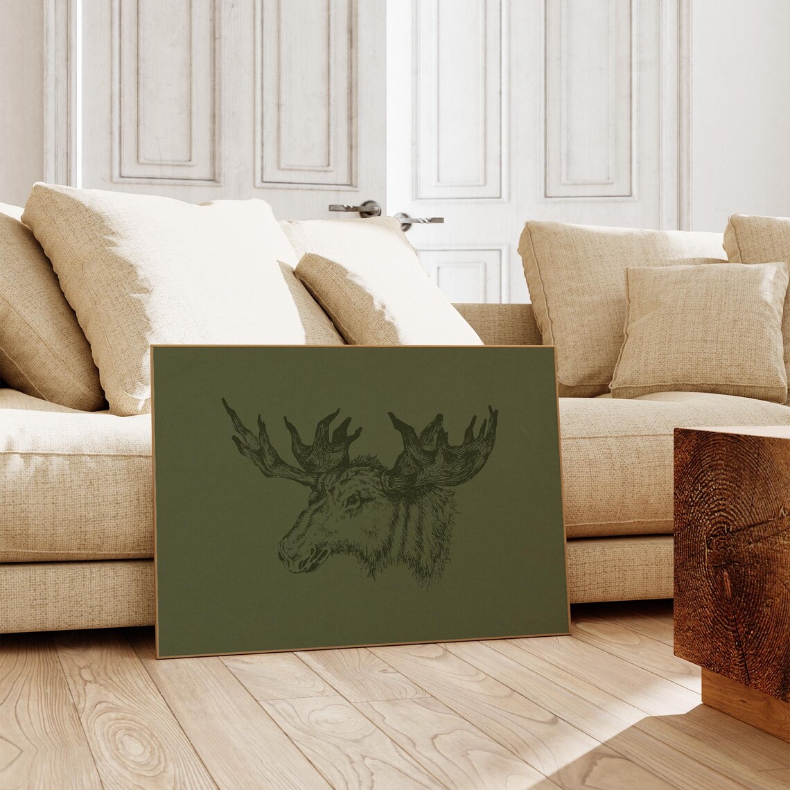 Moose Head Sketch Vintage Engraving Dark Green Horizontal Wildlife Art - Image 2