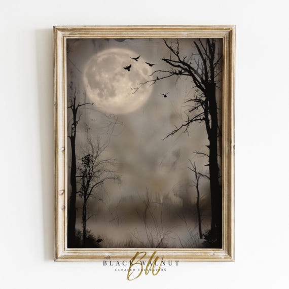 Spooky Full Moon Landscape Art Print, Gothic Halloween