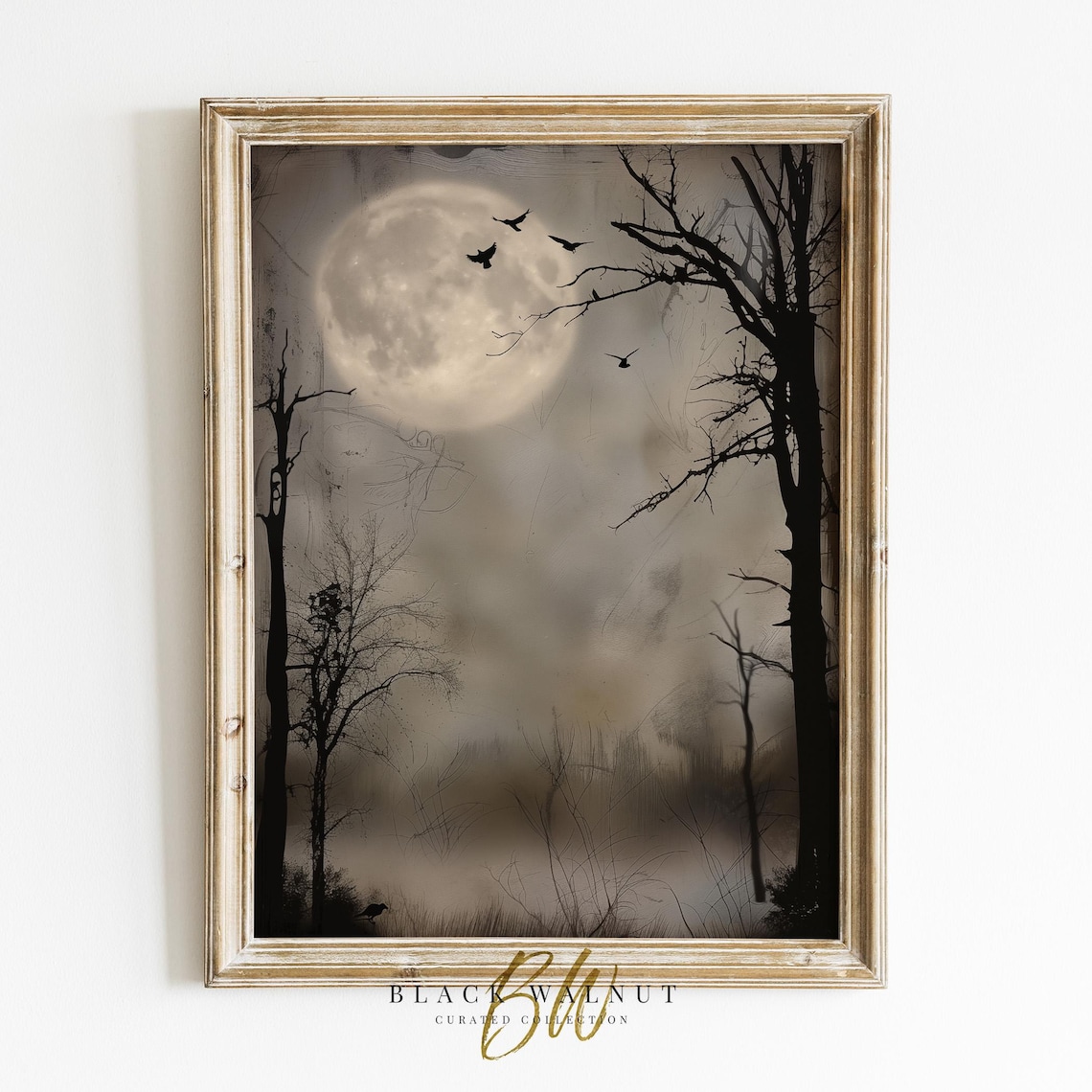 Spooky Full Moon Landscape Art Print, Gothic Halloween