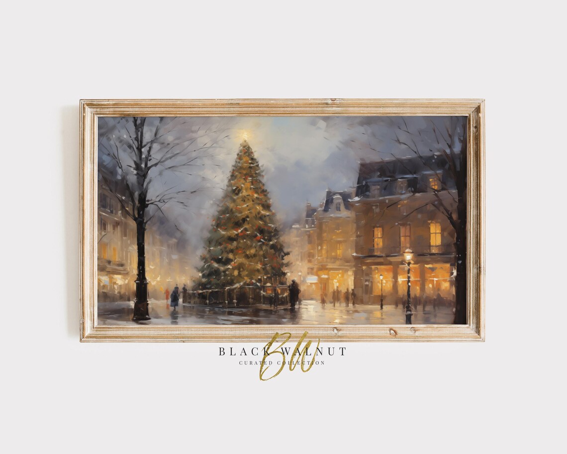 Frame Tv Art Christmas Tree In Vintage Village Winter Painting Cityscape Winter Scene Christmas Decor Holiday Tv Art