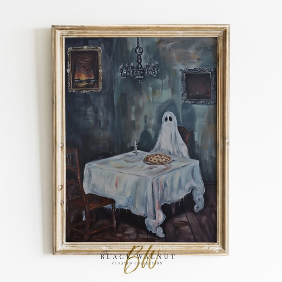 Funny Ghost Wall Art Print Cute Ghost Eating Pizza Vintage Style Painting Halloween Kitchen Print Cottagecore Decor Art