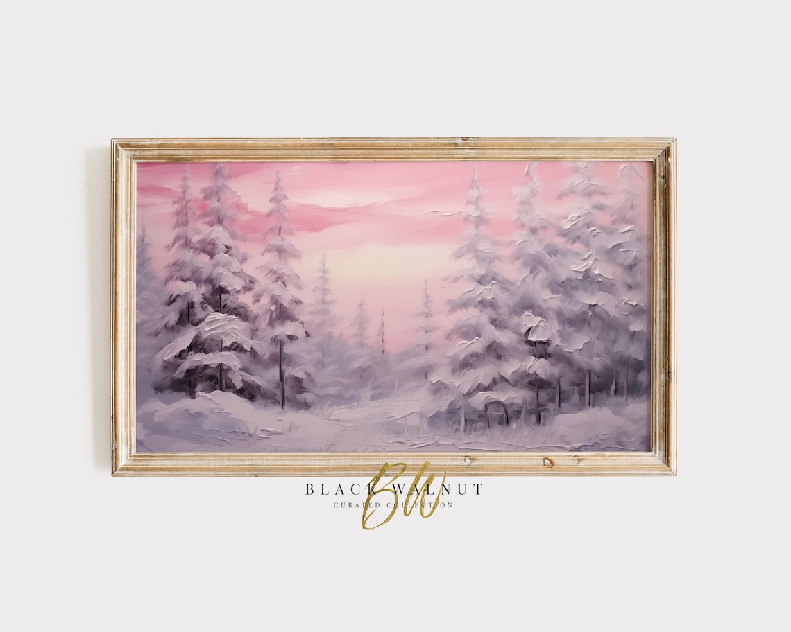 Pink Pastel Winter Landscape Snowy Forest Trees Modern Holiday Poster