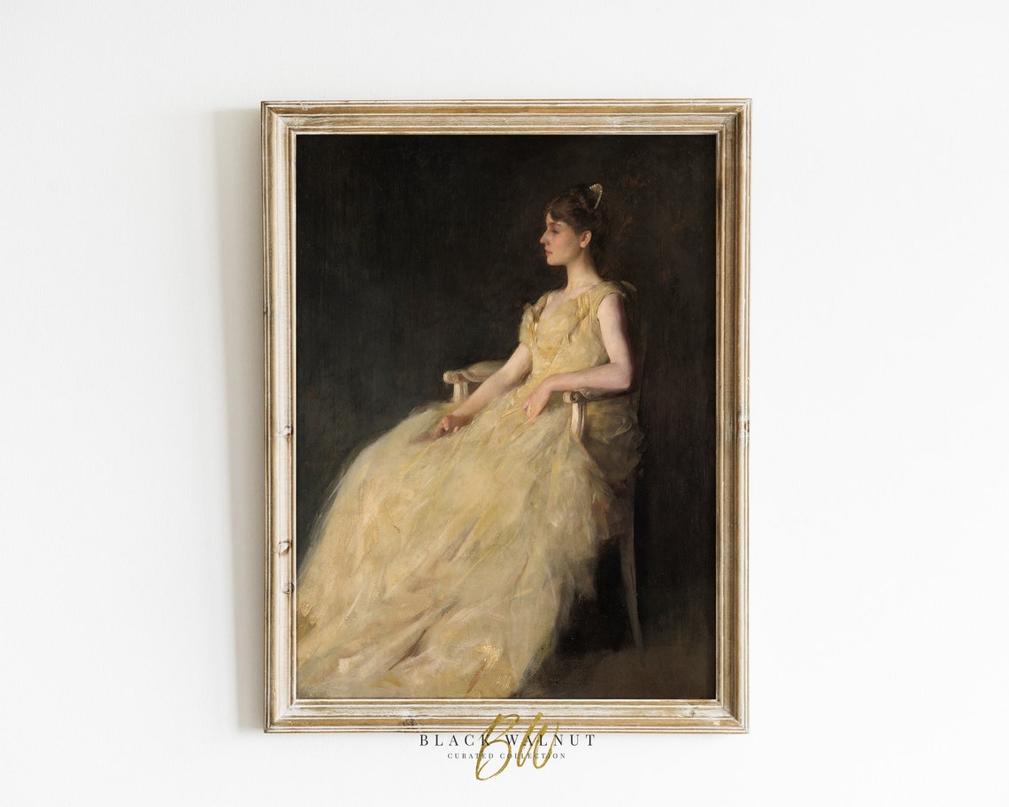 Vintage Portrait Painting Of Woman In Yellow Dress Print Of Antique Oil Painting Vintage Painting French Country Art Print