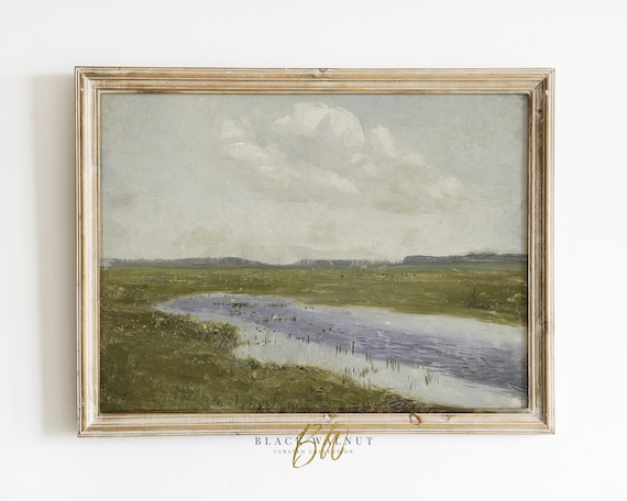 Blue Green Landscape Print, Vintage French Country Decor