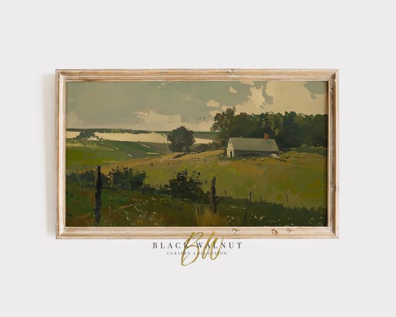 Frame Tv Art Country Field Landscape Vintage Farmhouse Painting Rustic Cottage Wall Decor Green Frame Tv Art