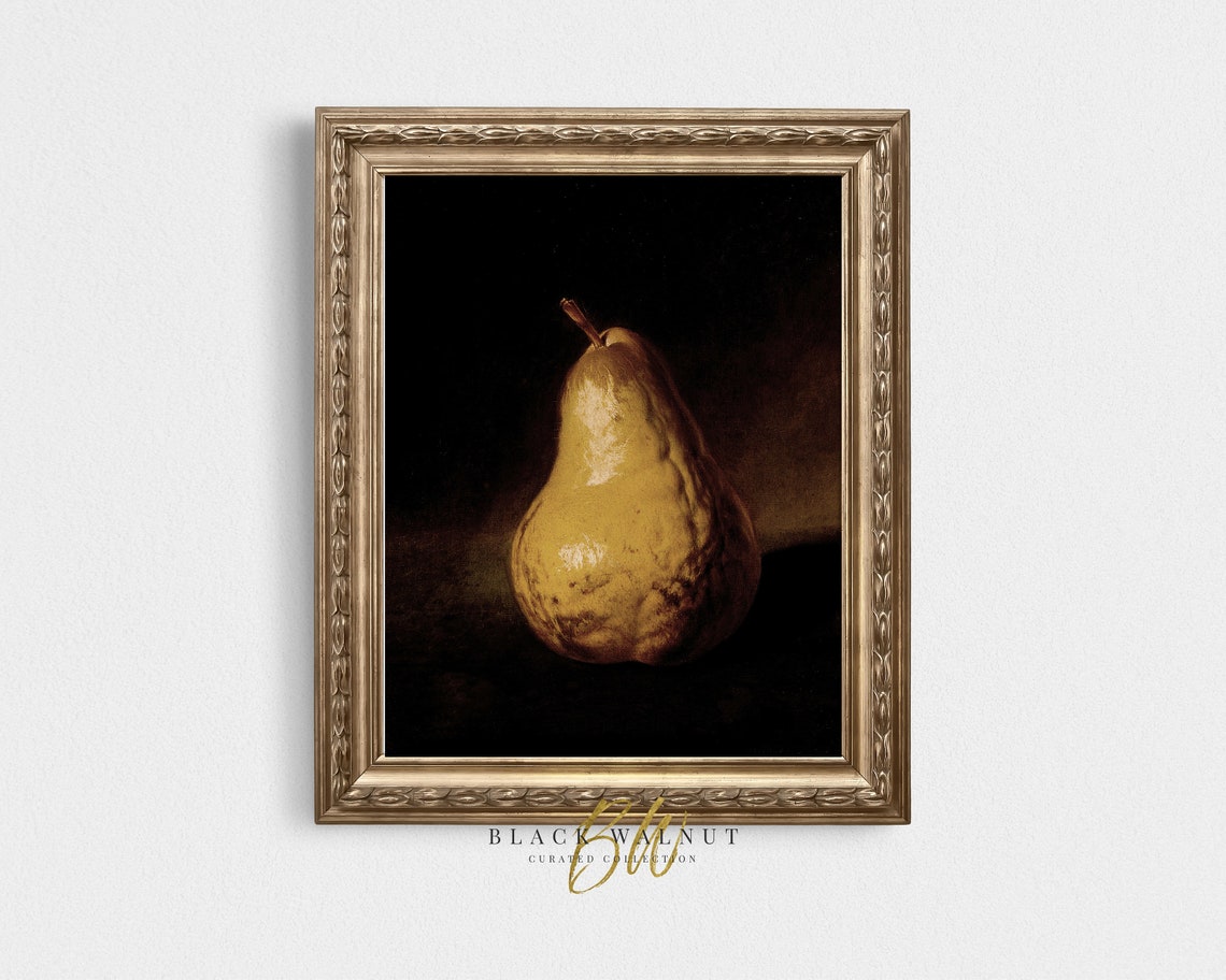 Vintage Fruit Painting Moody Pear Art Print Antique Oil Painting Still Life Painting French Farmhouse Kitchen Shelf Print