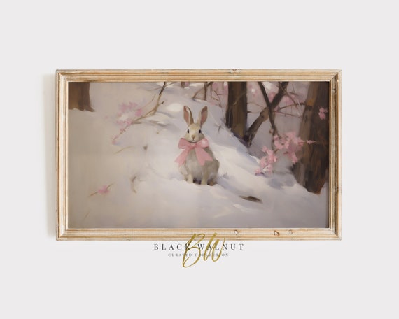 Vintage Easter Bunny Frame Tv Art Pink Bow White Rabbit Painting For Frame Tv Cute Easter Coquette Room Decor