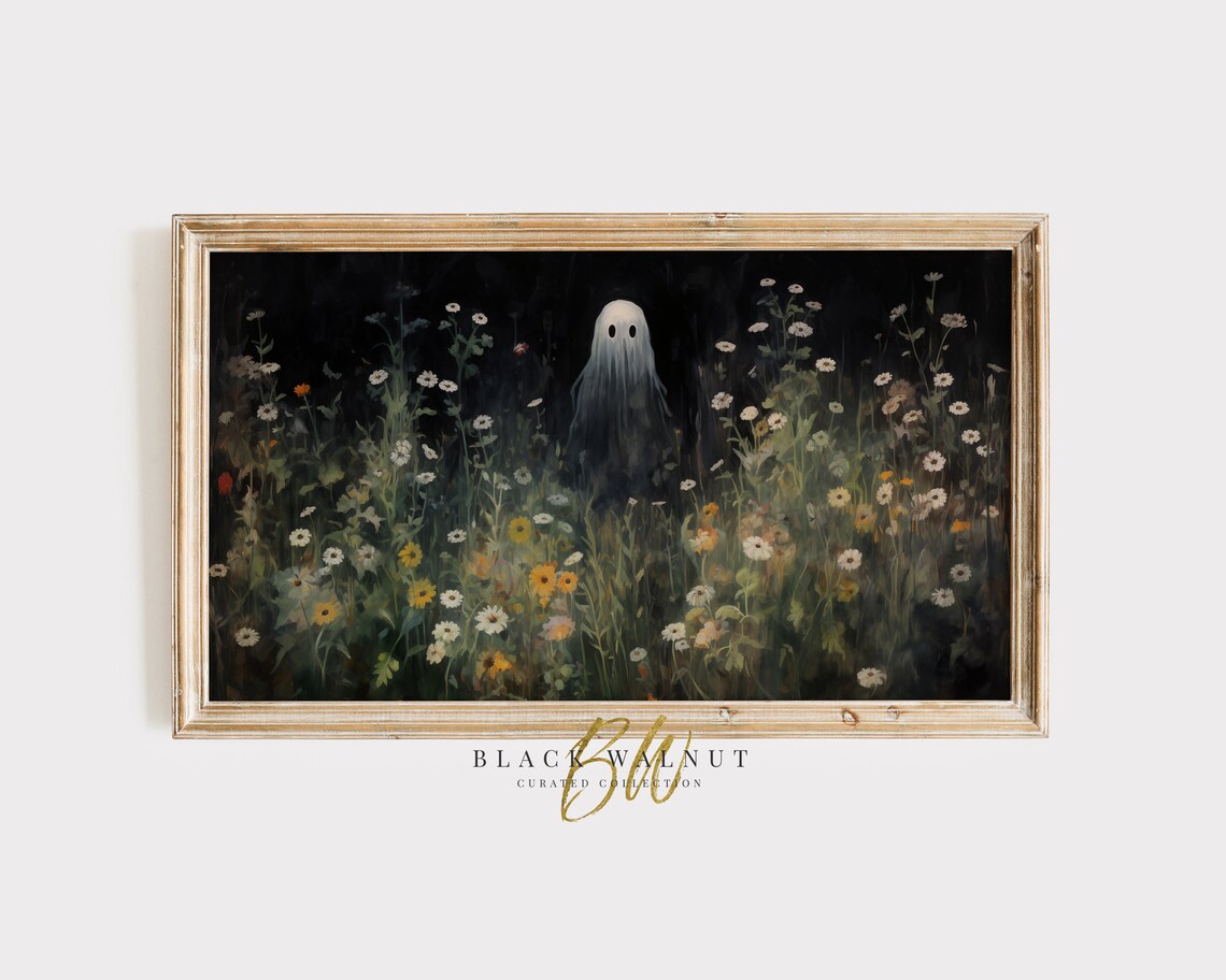 Cute Ghost Among Colorful Wildflowers Moody Dark Halloween Art Poster