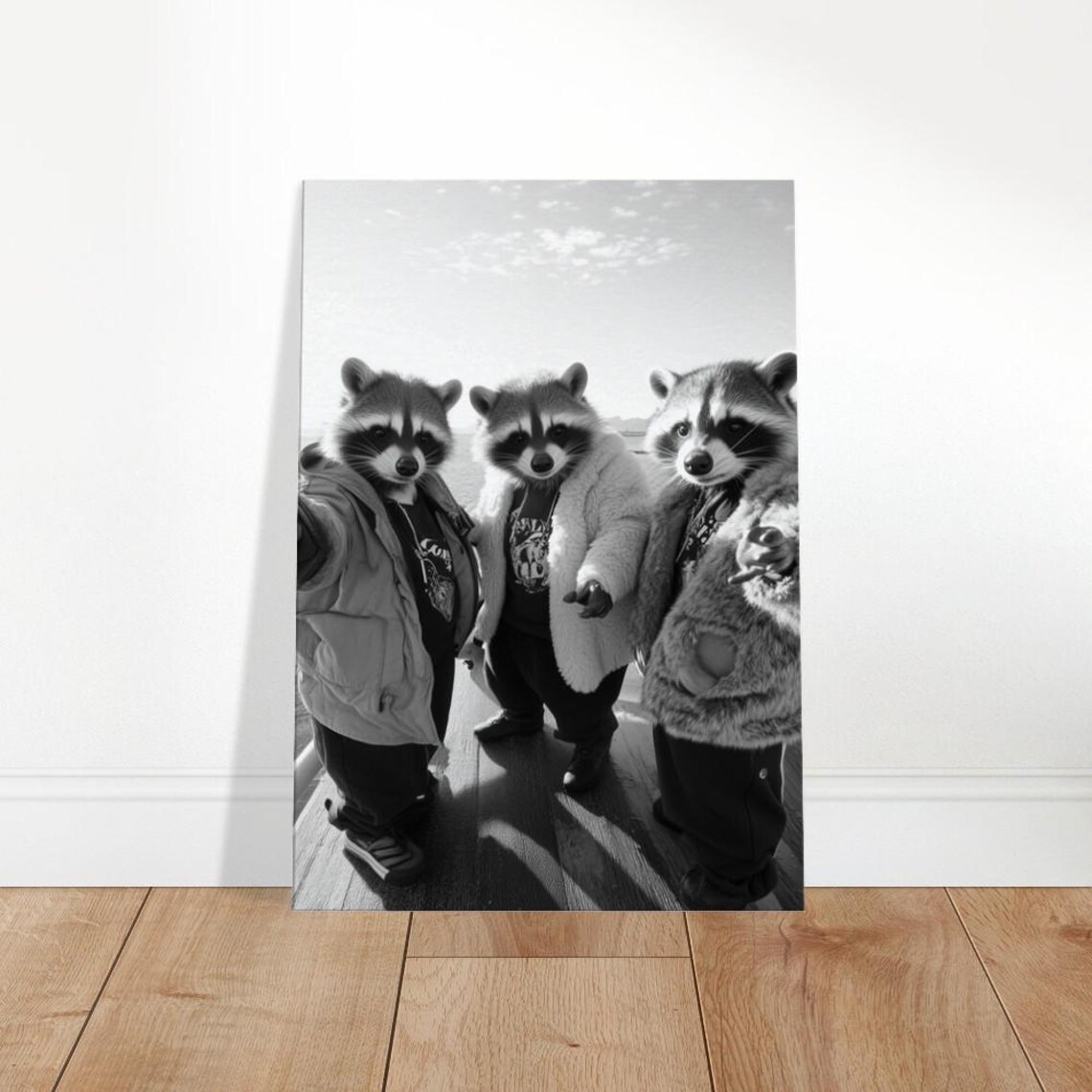 Trendy Raccoon Squad Canvas Art Monochrome Street Style