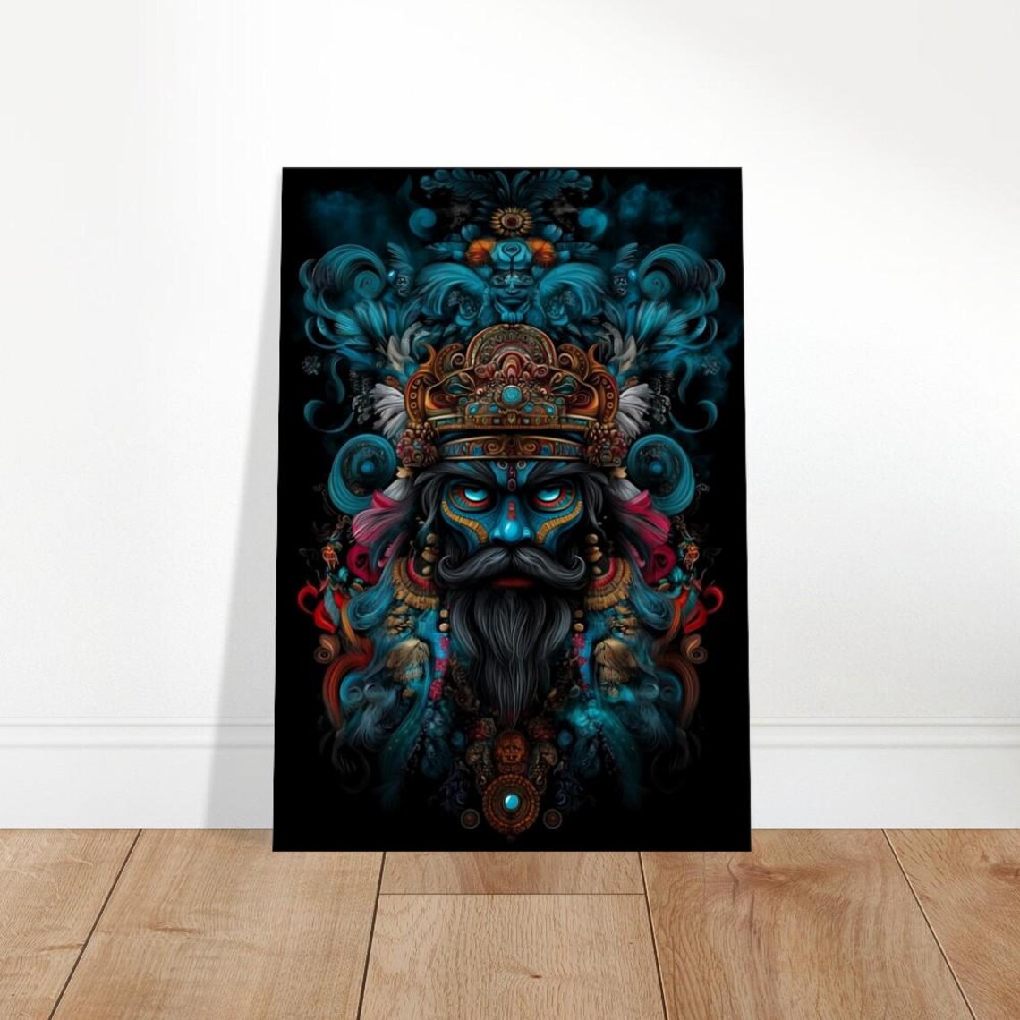 Blue Tribal Deity Mask Ornate Headdress Dark Fantasy Portrait Poster