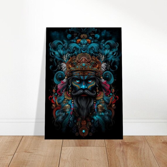 Blue Tribal Deity Mask Ornate Headdress Dark Fantasy Portrait Poster