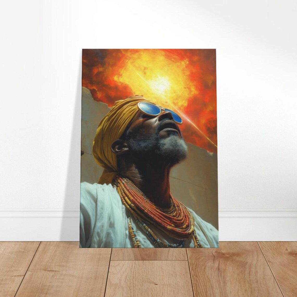 Man Of Light In Golden Turban Gazing Up At Blazing Sun Poster