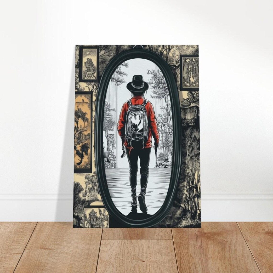 Red Jacket Traveler Walking Through Oval Portal Ink Journey Poster