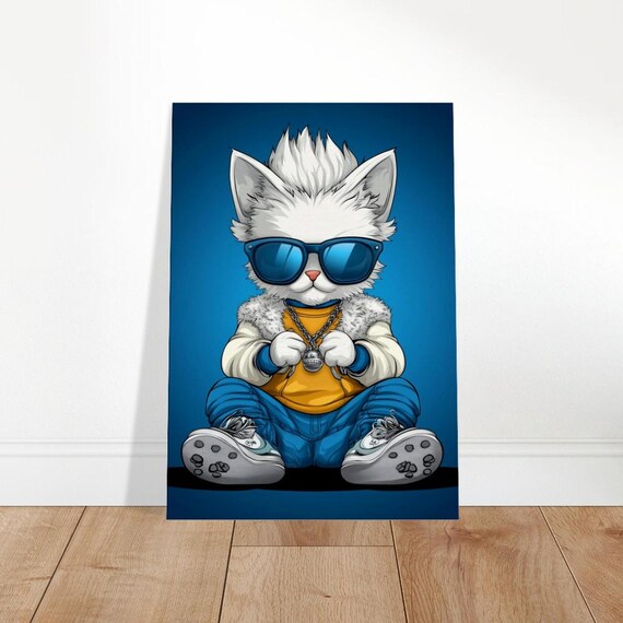 Cool White Cat Streetwear Sunglasses Hipster Animal Portrait Poster