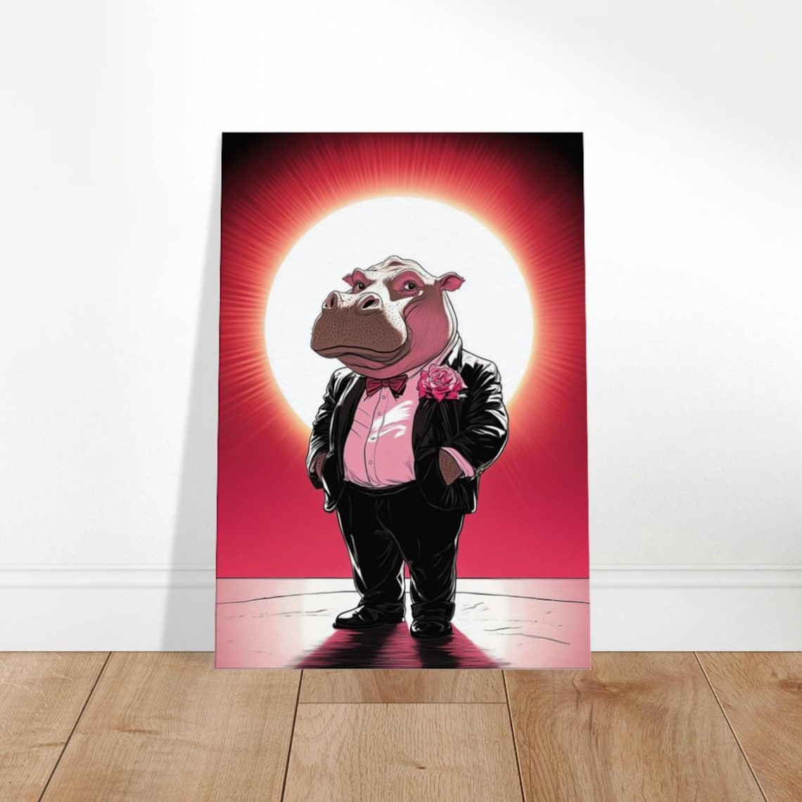Hippo Tuxedo Bow Tie Red Sunburst Funny Animal Portrait Poster