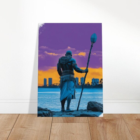 Ocean Guardian Warrior Silhouette Sunset Spear City Skyline Poster