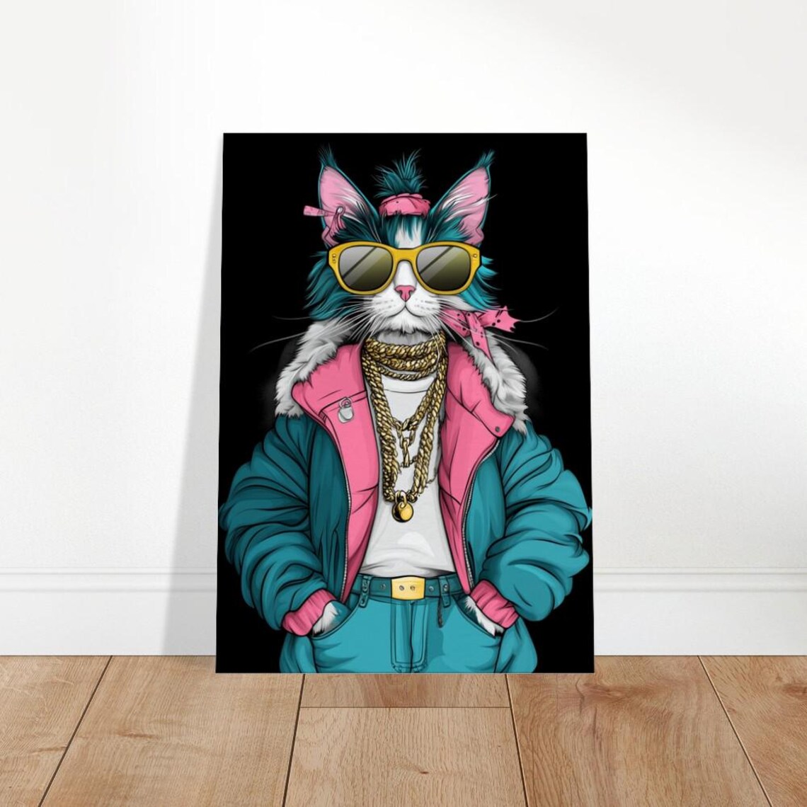 Hip Hop Cat 90s Teal Puffer Jacket Gold Chains Retro Streetwear Poster