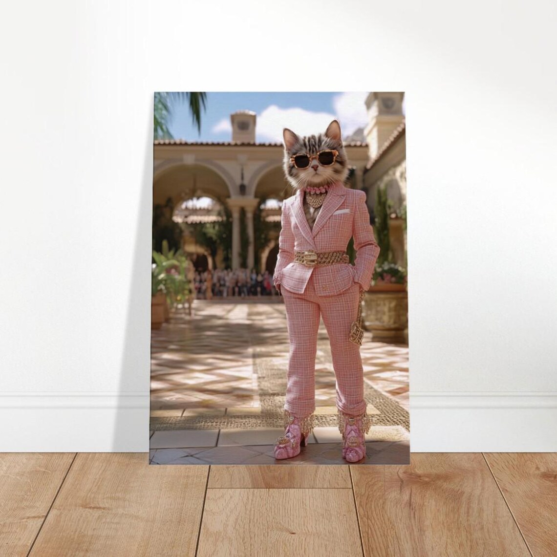 Fashionista Cat Pink Plaid Suit Sunglasses Chic Animal Poster