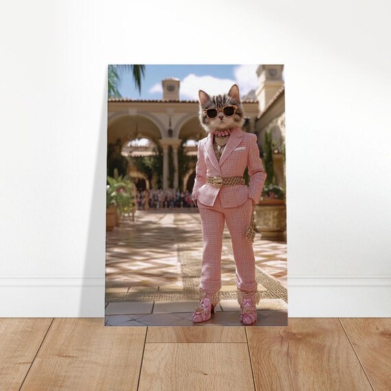 Fashionista Cat Pink Plaid Suit Sunglasses Chic Animal Poster