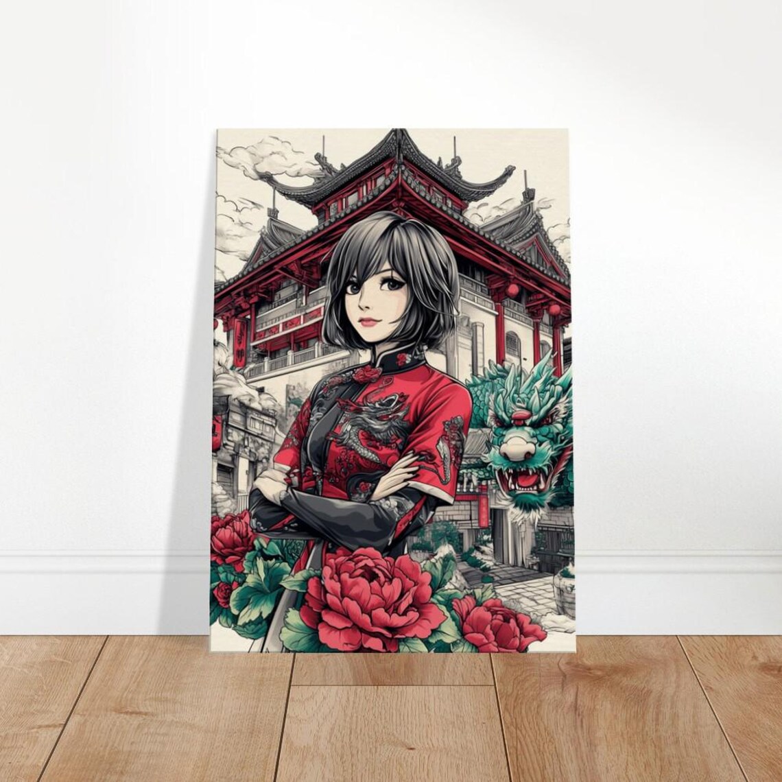 East Asian Dragon Maiden Cheongsam Peony Temple Anime Portrait Poster