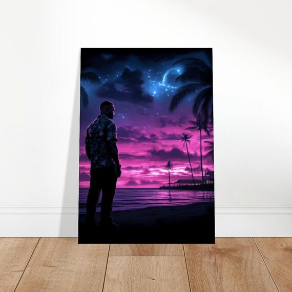 Neon Sunset Beach Man Silhouette Purple Starry Tropical Night Art Print