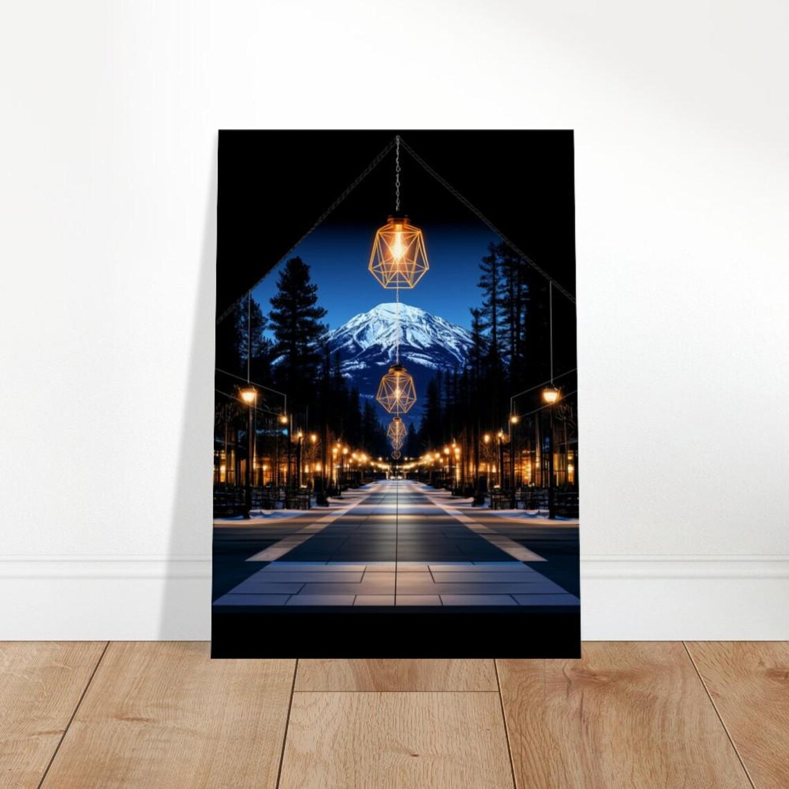 Snowy Mountain Night Hanging Lanterns Pine Street Scenic Art Print