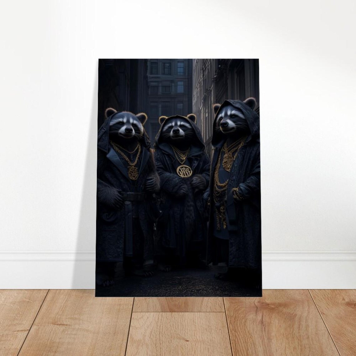 Gangster Raccoon Canvas Art Hooded Animals With Gold Chains
