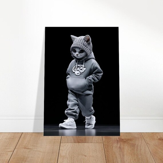Urban Cat In Grey Hoodie Beanie Sneakers Cool Streetwear Wall Art
